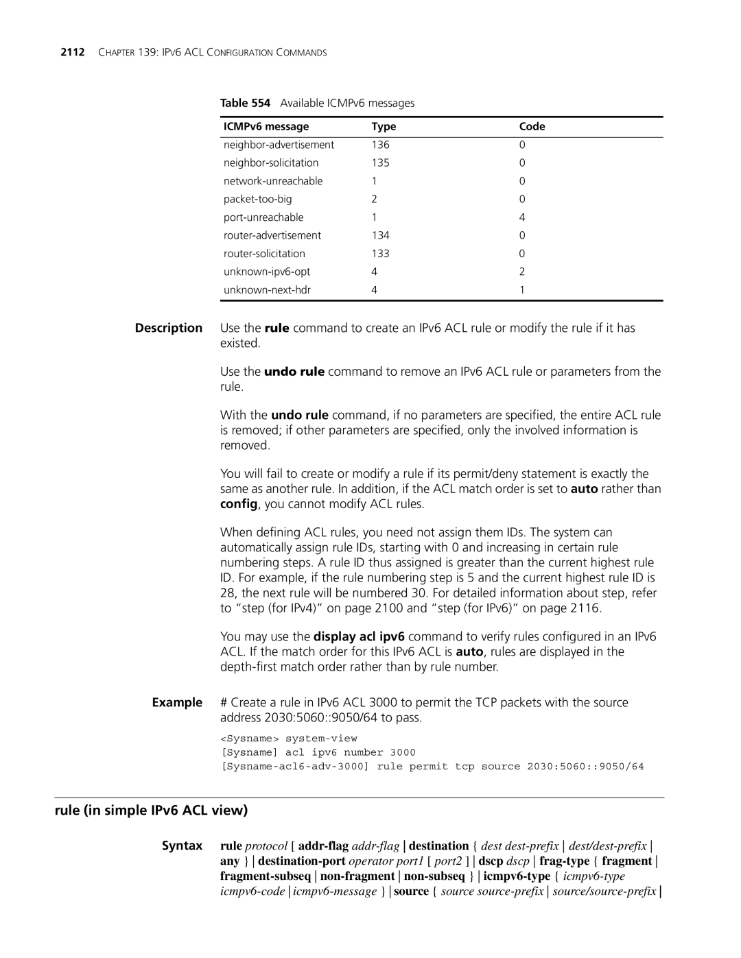 3Com MSR 30, MSR 50 manual Rule in simple IPv6 ACL view 