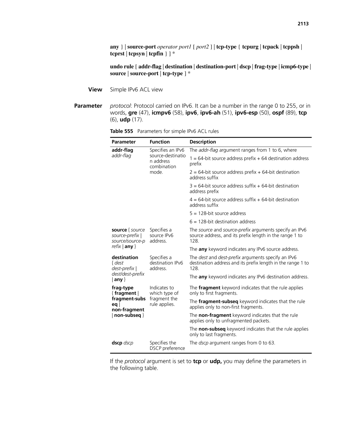 3Com MSR 50, MSR 30 manual View Simple IPv6 ACL view, Parameters for simple IPv6 ACL rules 