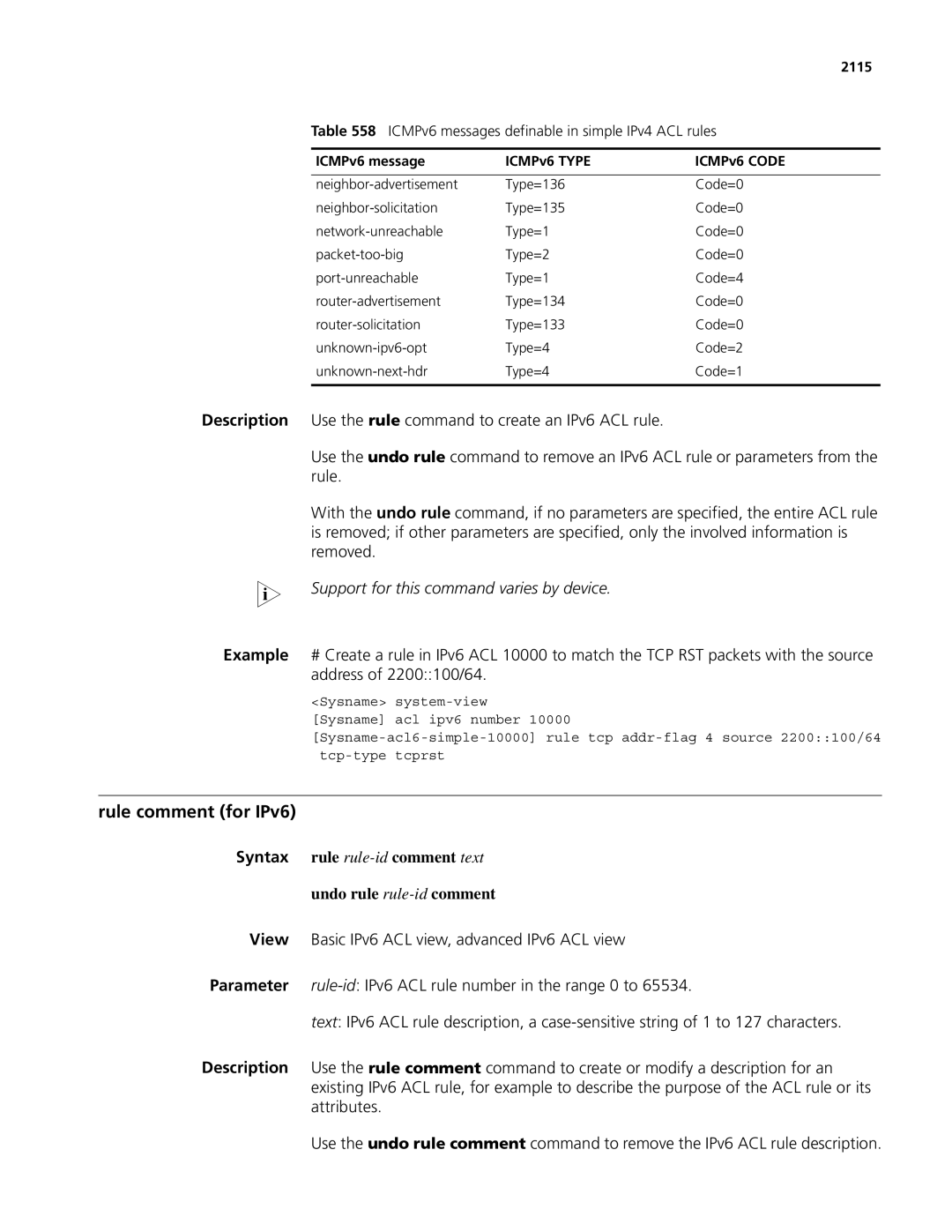 3Com MSR 50, MSR 30 manual Rule comment for IPv6, Support for this command varies by device, 2115 