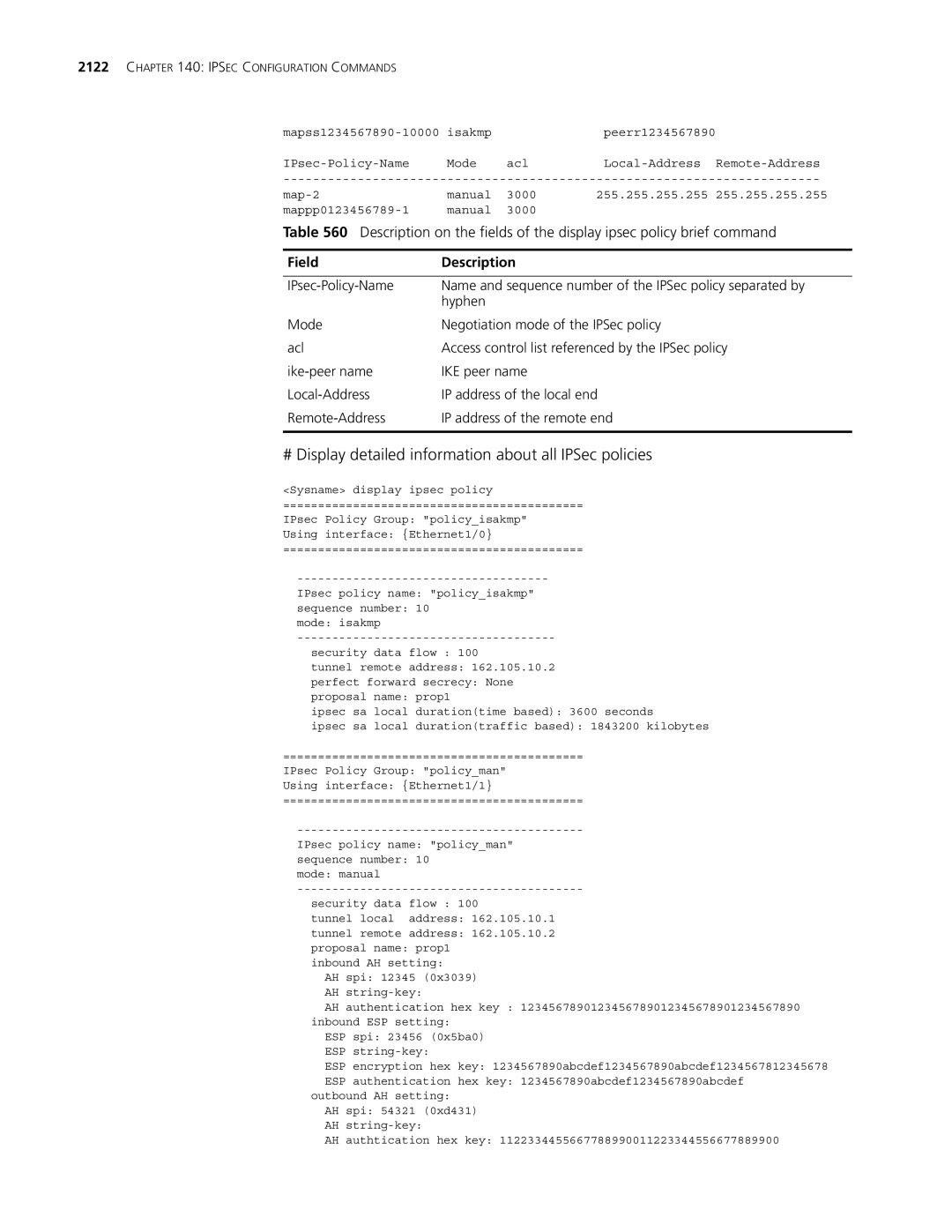 3Com MSR 30, MSR 50 manual # Display detailed information about all IPSec policies 