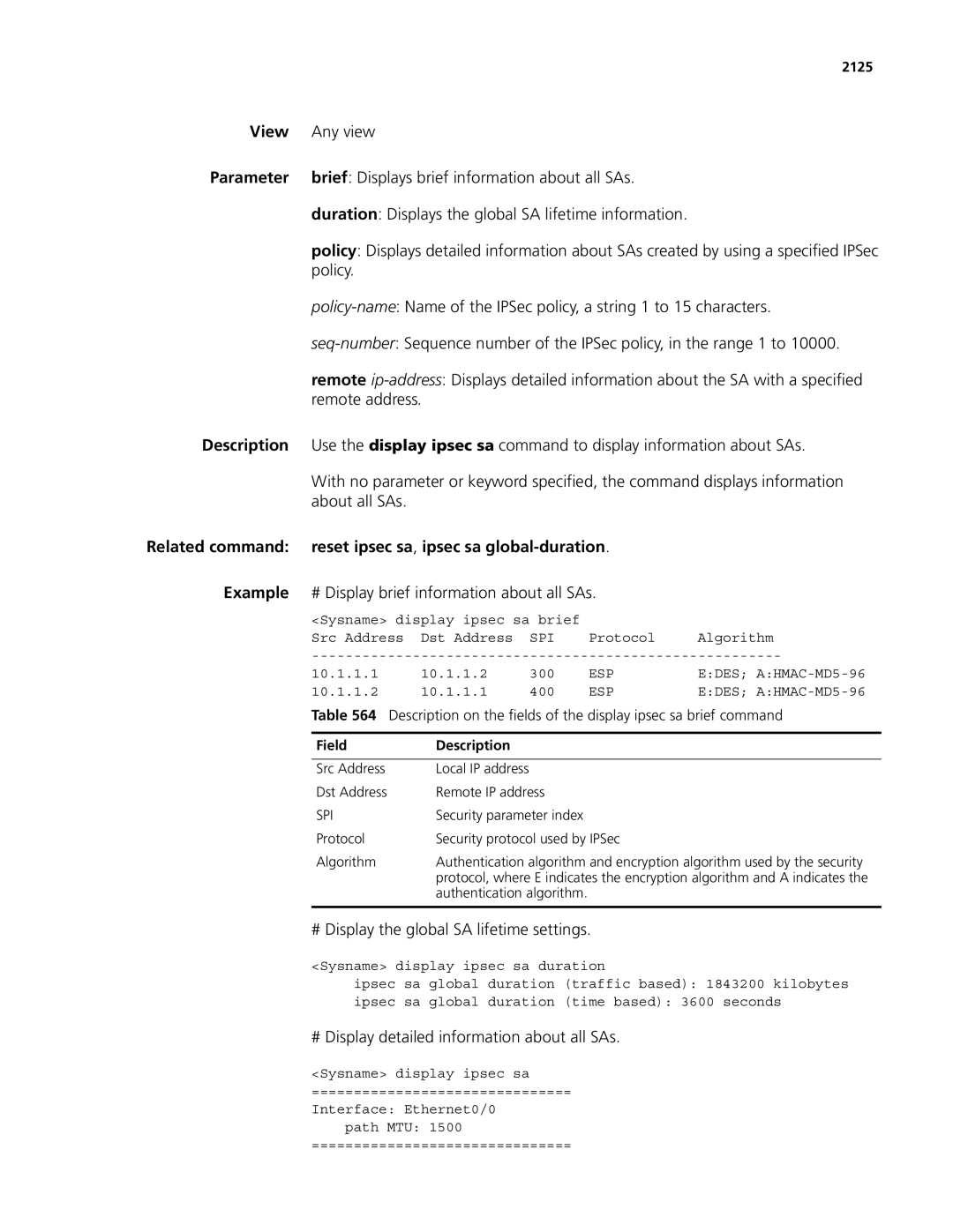 3Com MSR 50, MSR 30 manual Reset ipsec sa, ipsec sa global-duration 