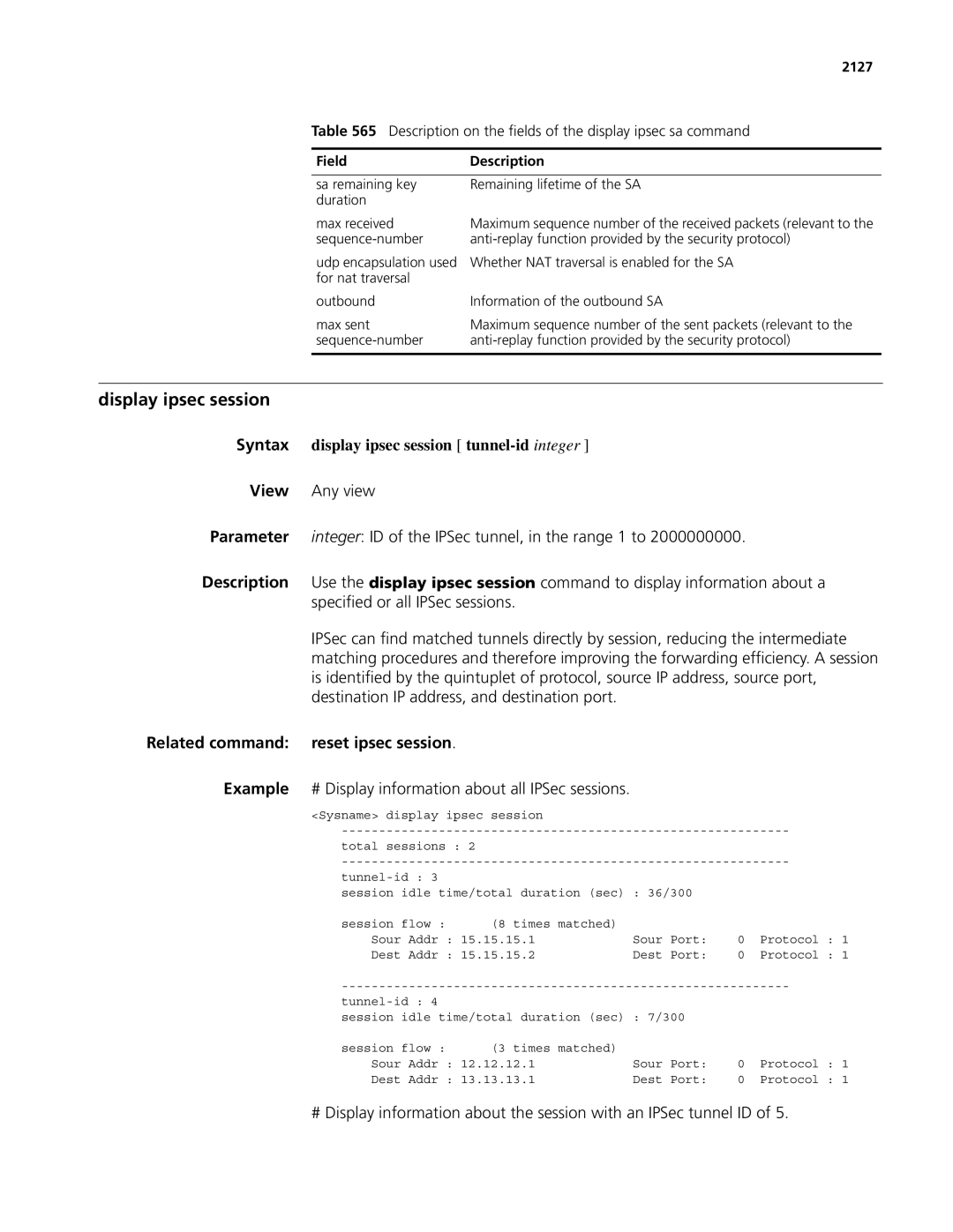 3Com MSR 50 Display ipsec session, Syntax display ipsec session tunnel-id integer, Related command reset ipsec session 