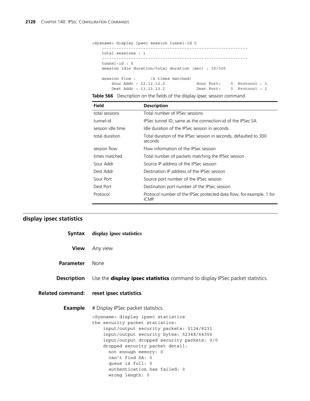 3Com MSR 30 manual Display ipsec statistics, Syntax display ipsec statistics, Related command reset ipsec statistics, Icmp 