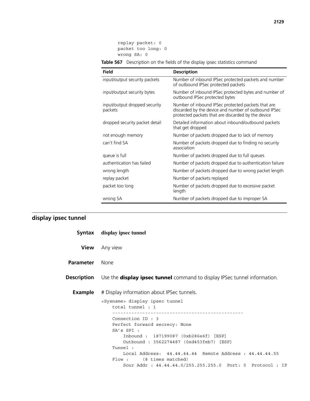 3Com MSR 50, MSR 30 manual Display ipsec tunnel, Syntax display ipsec tunnel, 2129 