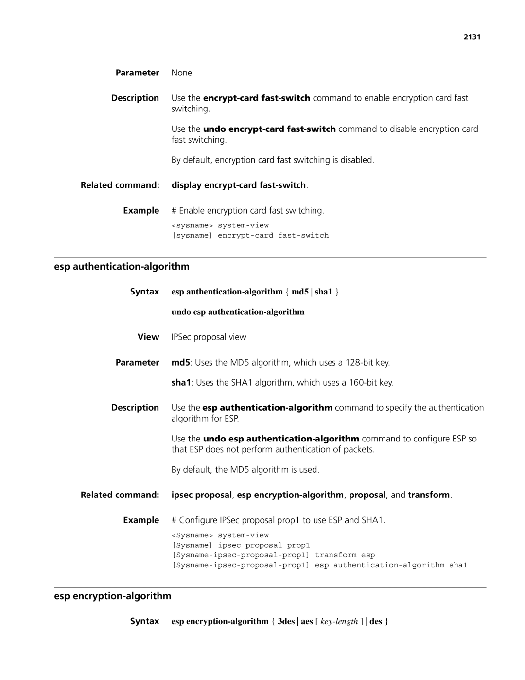 3Com MSR 50 manual Esp authentication-algorithm, Esp encryption-algorithm, Related command display encrypt-cardfast-switch 