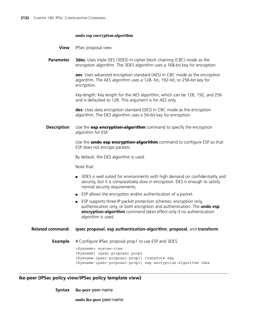 3Com MSR 30, MSR 50 manual Ike-peer IPSec policy view/IPSec policy template view, Undo esp encryption-algorithm 