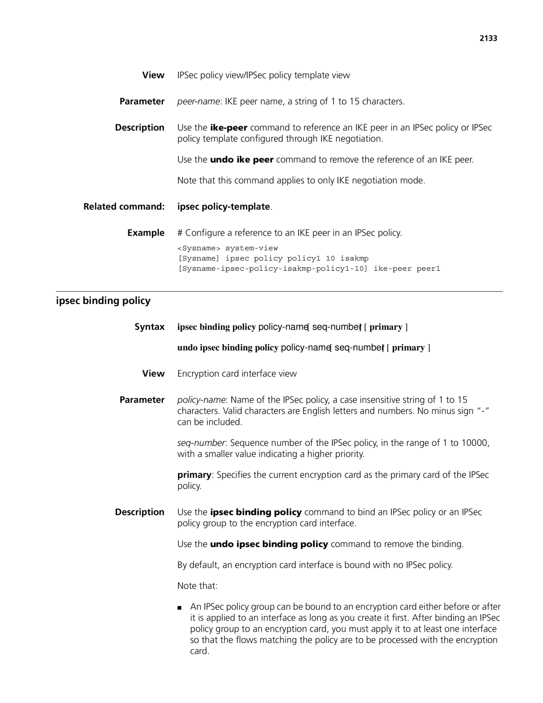 3Com MSR 50, MSR 30 manual Ipsec binding policy, Related command ipsec policy-template, 2133 