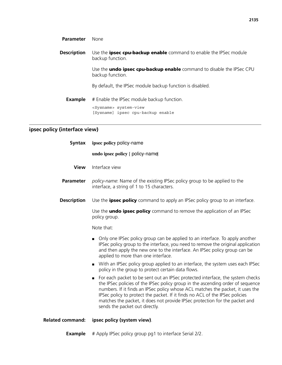 3Com MSR 50, MSR 30 manual Ipsec policy interface view, 2135 