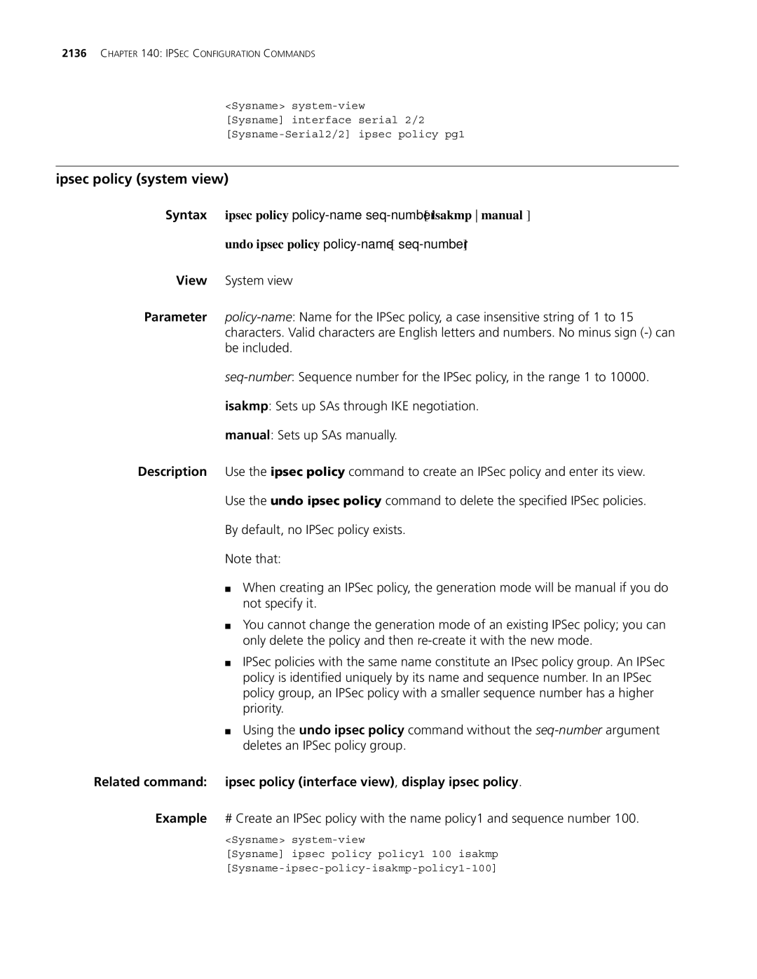 3Com MSR 30, MSR 50 Ipsec policy system view, Syntax ipsec policy policy-nameseq-number isakmp manual 