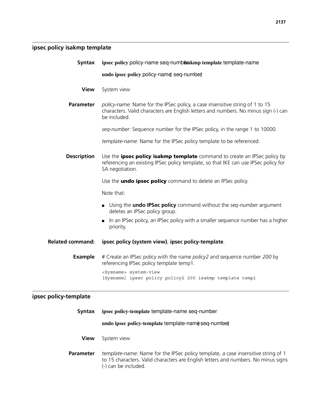 3Com MSR 50 Ipsec policy isakmp template, Ipsec policy-template, Undo ipsec policy-template template-name seq-number, 2137 