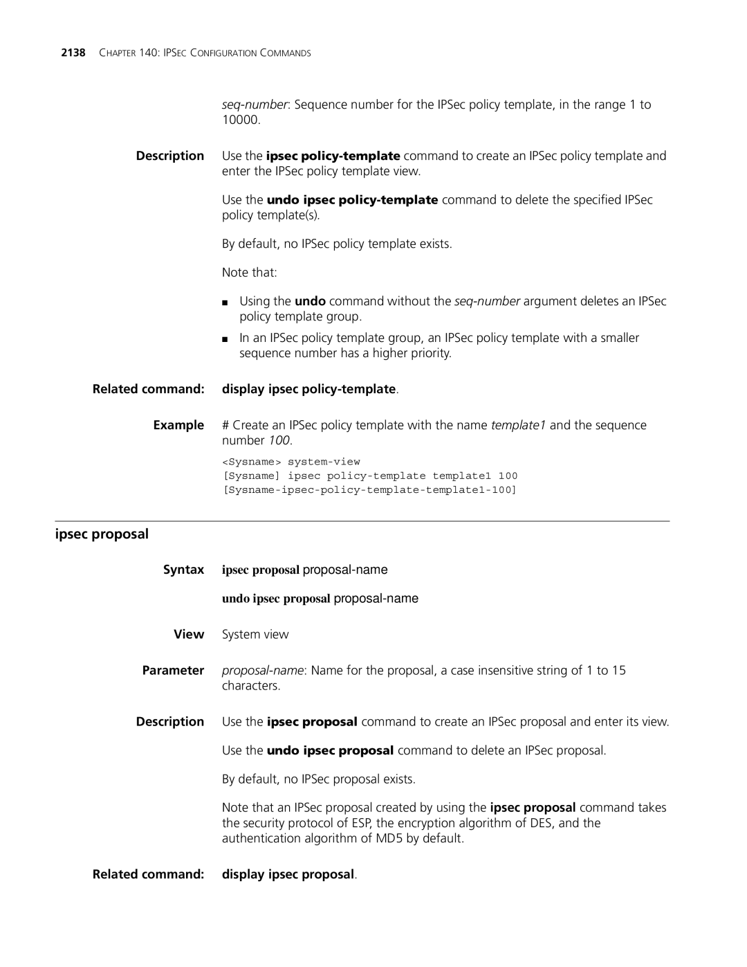 3Com MSR 30, MSR 50 Ipsec proposal, Related command display ipsec policy-template, Related command display ipsec proposal 