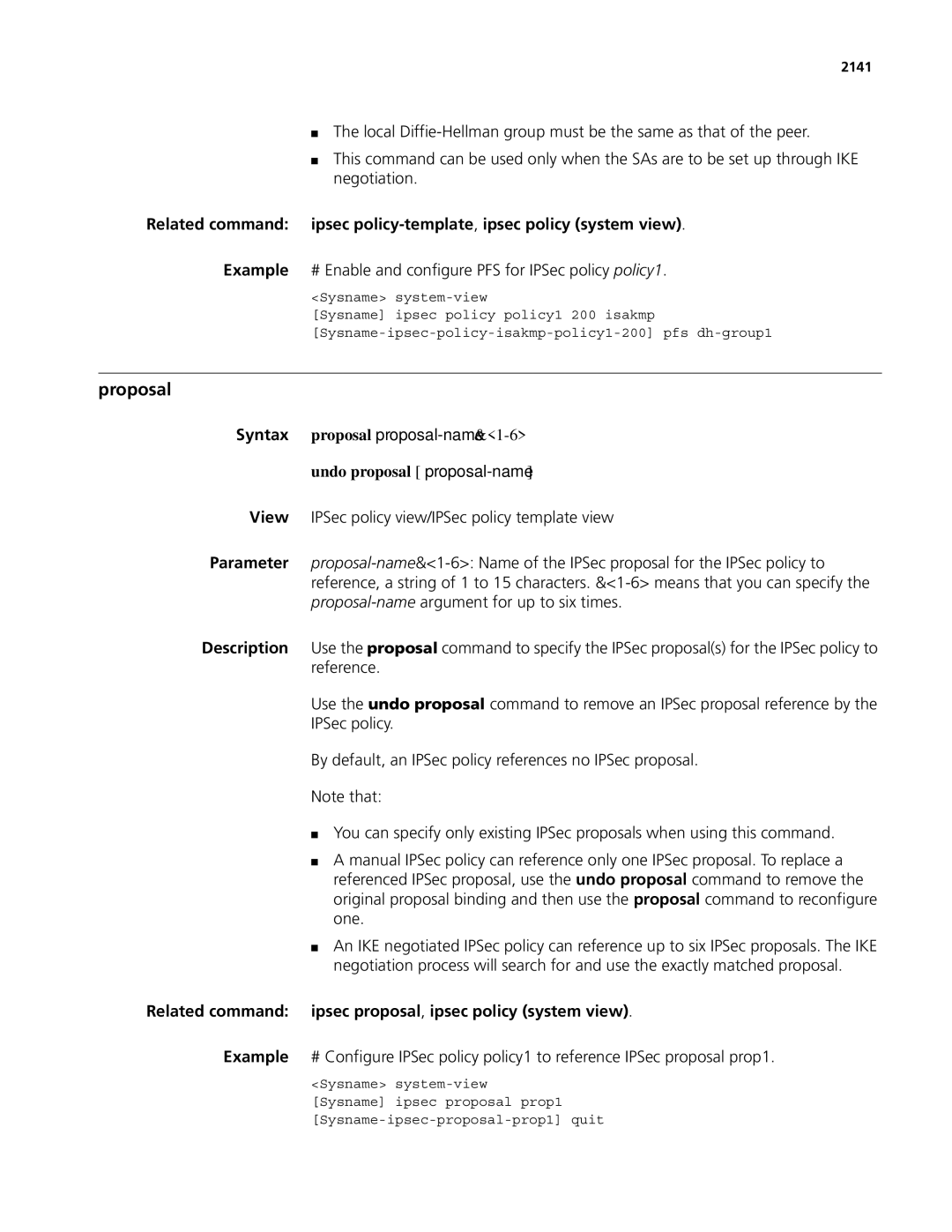 3Com MSR 50 manual Proposal, Example # Enable and configure PFS for IPSec policy policy1, Undo proposal proposal-name, 2141 