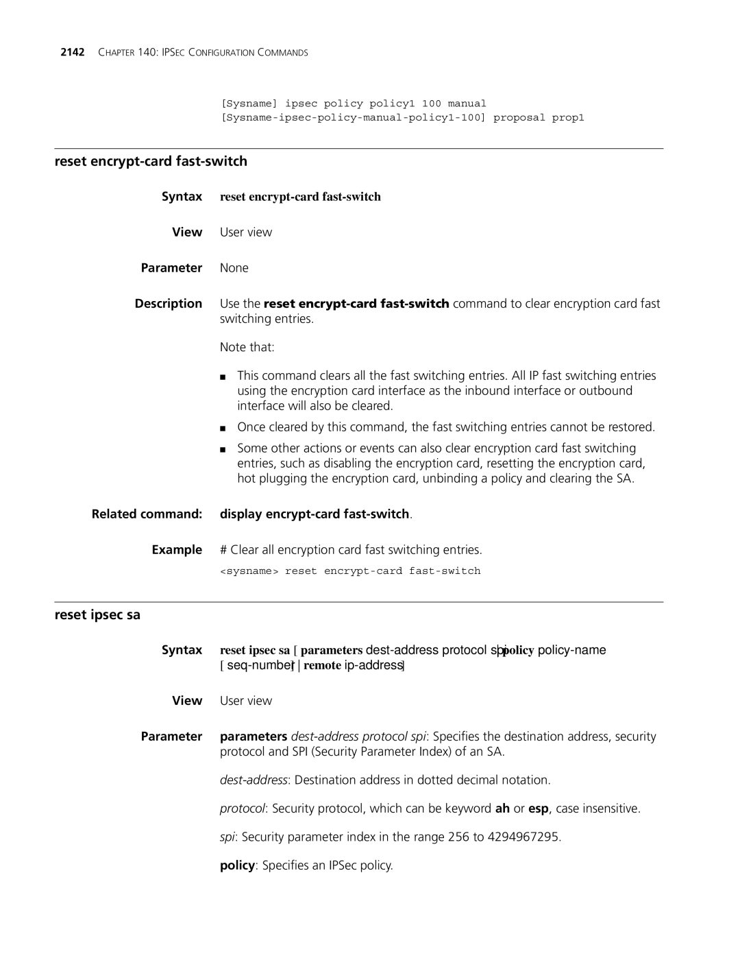 3Com MSR 30, MSR 50 manual Reset encrypt-card fast-switch, Reset ipsec sa, Syntax reset encrypt-card fast-switch 