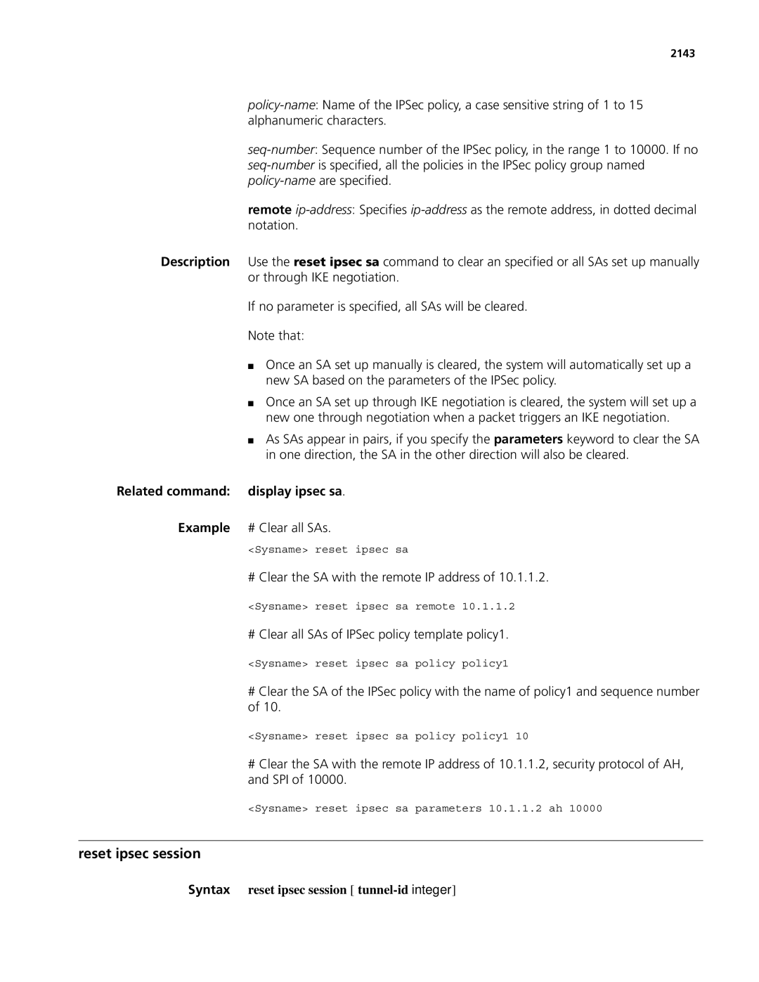 3Com MSR 50, MSR 30 Reset ipsec session, Related command display ipsec sa, Syntax reset ipsec session tunnel-id integer 