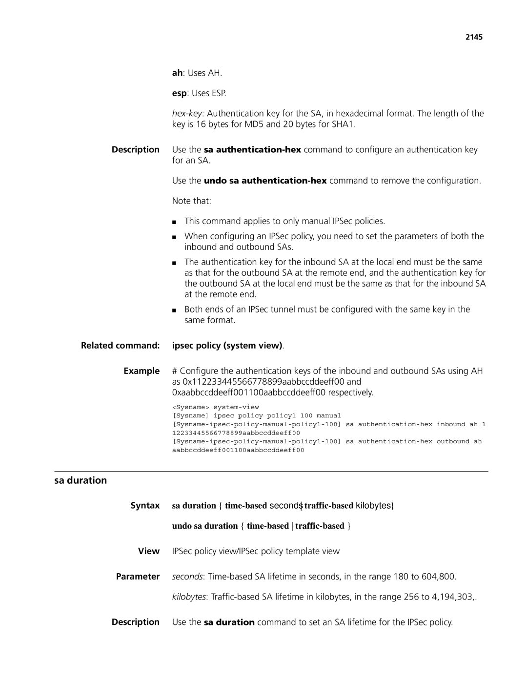 3Com MSR 50, MSR 30 manual Sa duration, View IPSec policy view/IPSec policy template view, 2145 