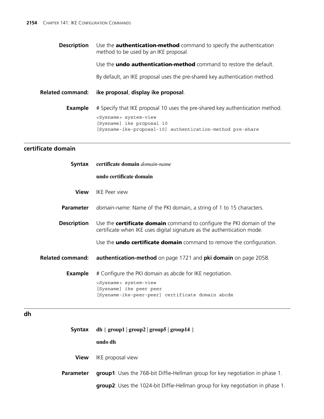 3Com MSR 30 manual Certificate domain, Related command ike proposal, display ike proposal, Dh group1 group2 group5 group14 