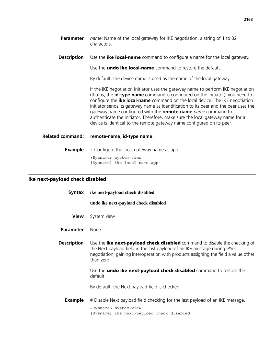 3Com MSR 50, MSR 30 manual Ike next-payload check disabled, Related command remote-name,id-typename, 2163 