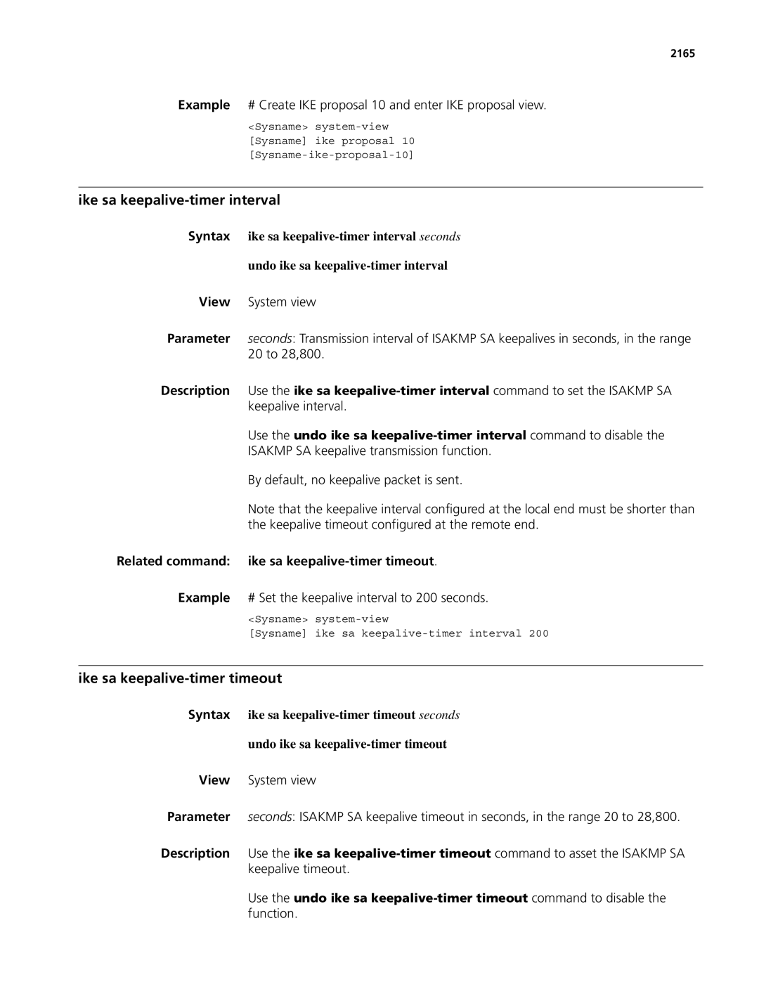 3Com MSR 50, MSR 30 manual Ike sa keepalive-timer interval, Ike sa keepalive-timer timeout, 2165 