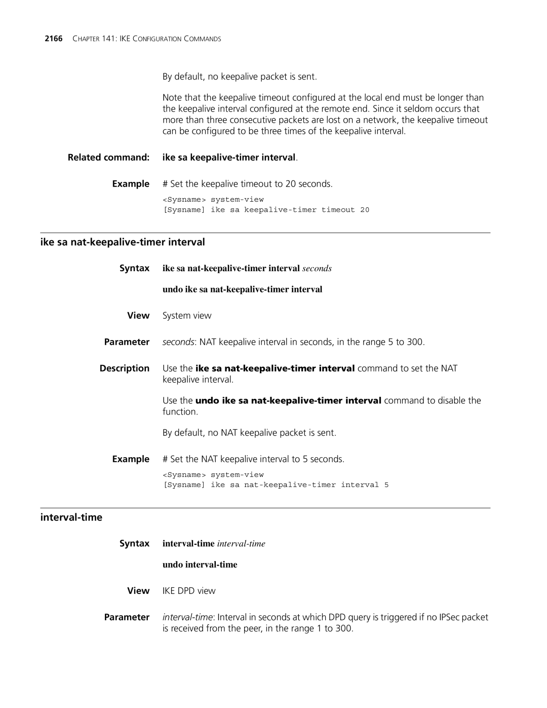 3Com MSR 30, MSR 50 Ike sa nat-keepalive-timer interval, Interval-time, Related command ike sa keepalive-timer interval 