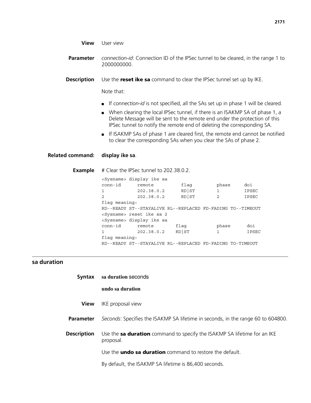 3Com MSR 50, MSR 30 manual Related command display ike sa, Example # Clear the IPSec tunnel to, 2171 