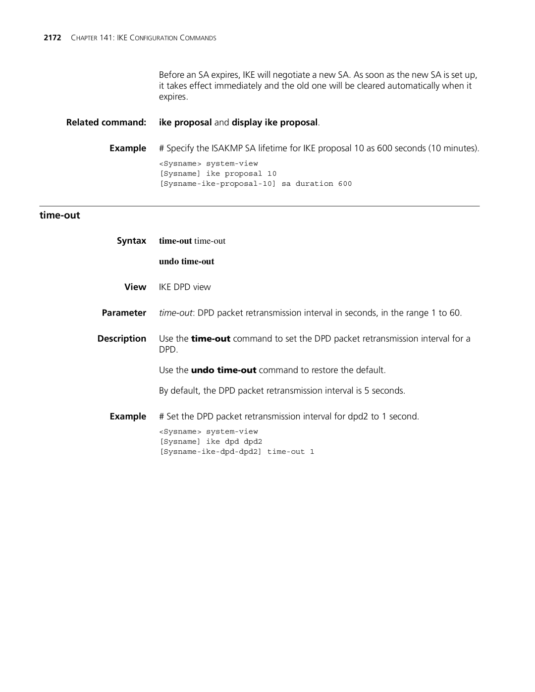 3Com MSR 30 manual Time-out, Related command ike proposal and display ike proposal, Syntax time-out time-out Undo time-out 