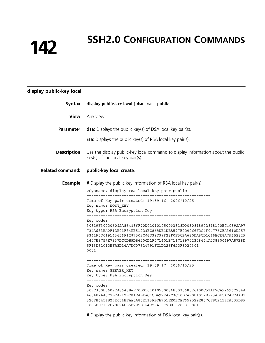 3Com MSR 50, MSR 30 manual 142, SSH2.0 Configuration Commands, Display public-key local, Public-key local create Example 