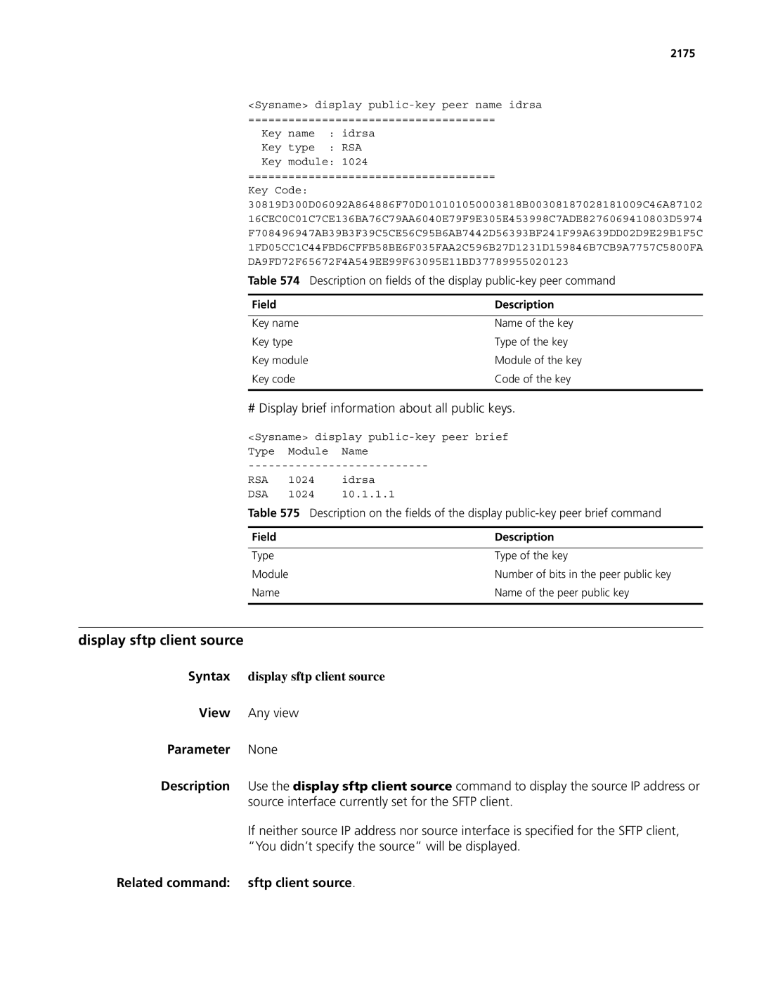 3Com MSR 50, MSR 30 manual Display sftp client source, # Display brief information about all public keys, 2175 