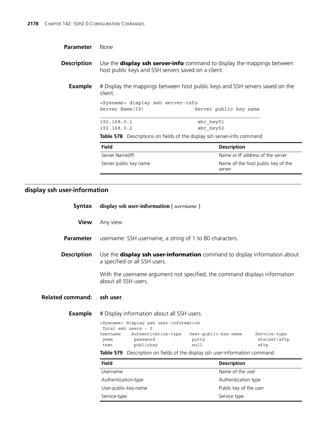 3Com MSR 30, MSR 50 Display ssh user-information, Syntax display ssh user-information username, Related command ssh user 