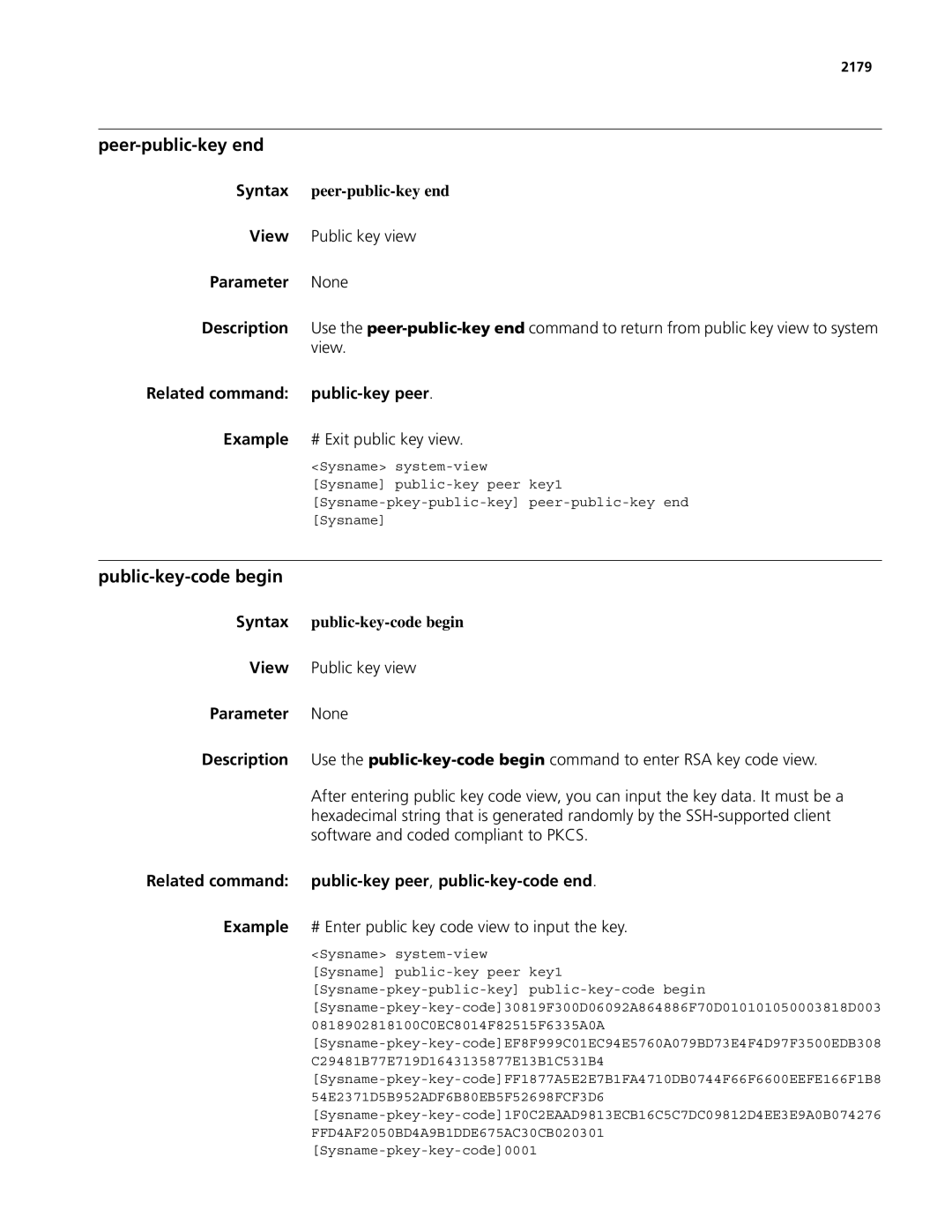 3Com MSR 50, MSR 30 manual Peer-public-key end, Public-key-code begin, Related command Public-key peer Example 