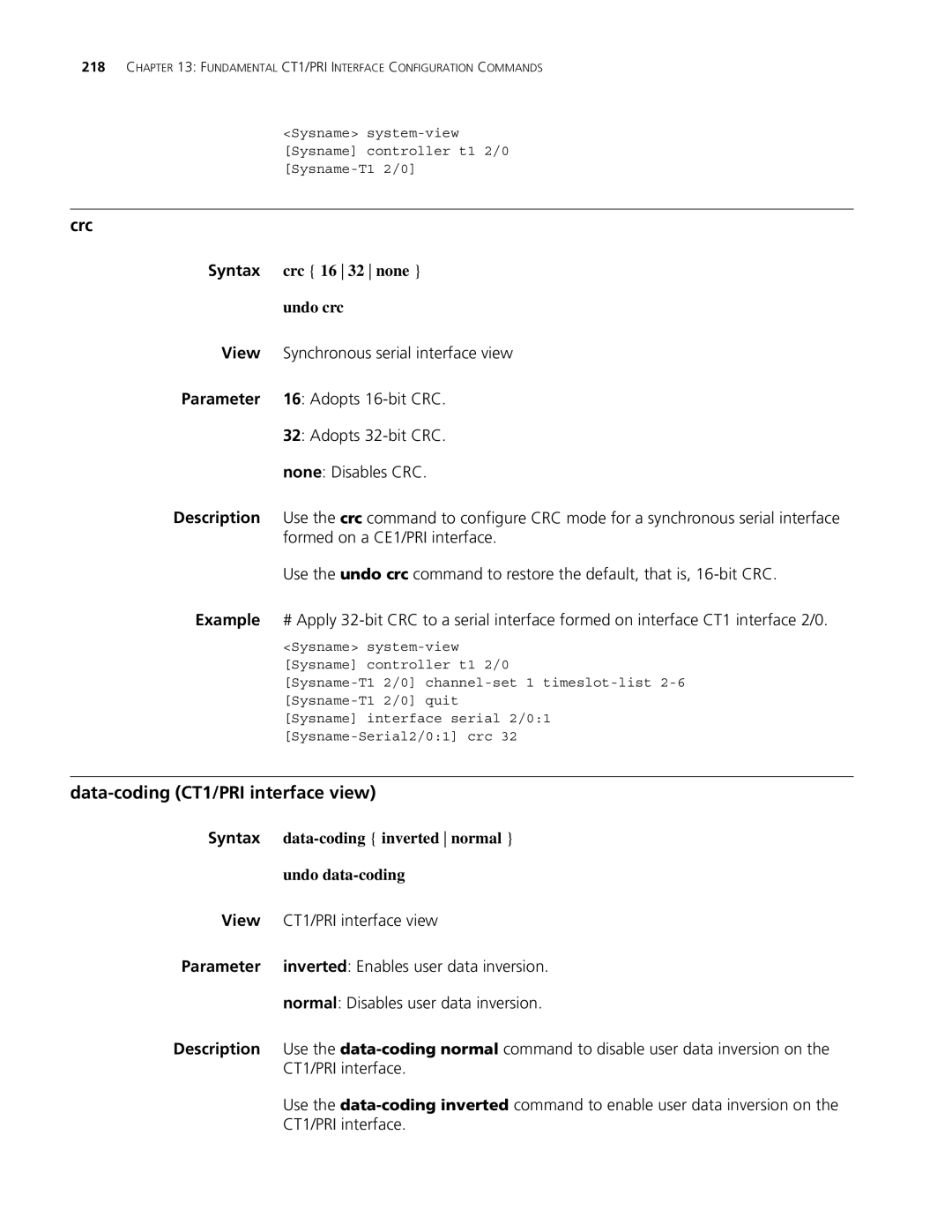 3Com MSR 30, MSR 50 manual Data-coding CT1/PRI interface view, Data-coding inverted normal, Undo data-coding 