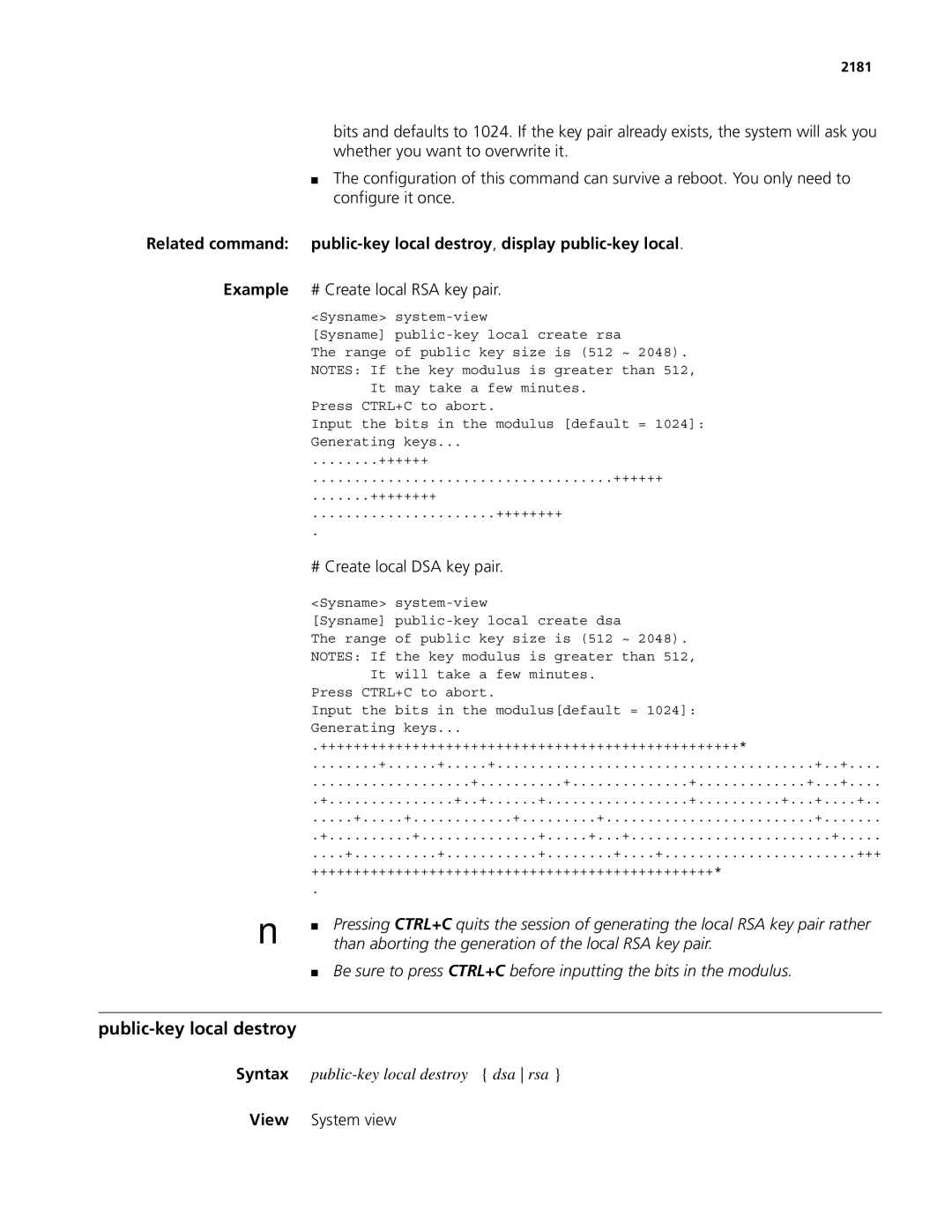 3Com MSR 50, MSR 30 manual Public-key local destroy, display public-key local Example, # Create local RSA key pair 