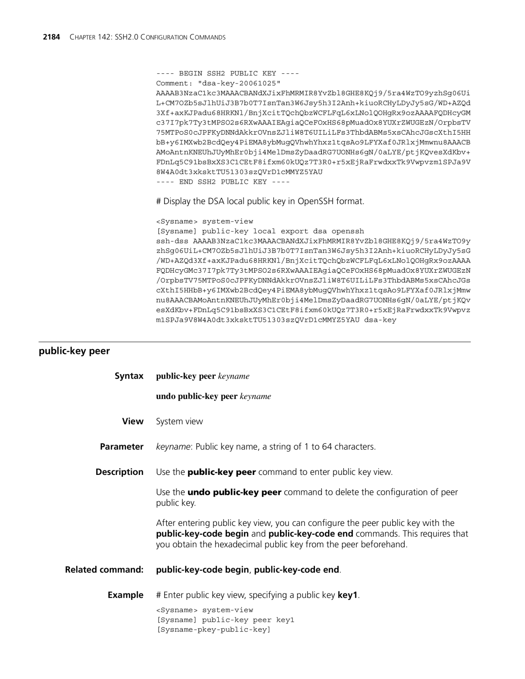 3Com MSR 30, MSR 50 manual Public-key peer, # Display the DSA local public key in OpenSSH format 