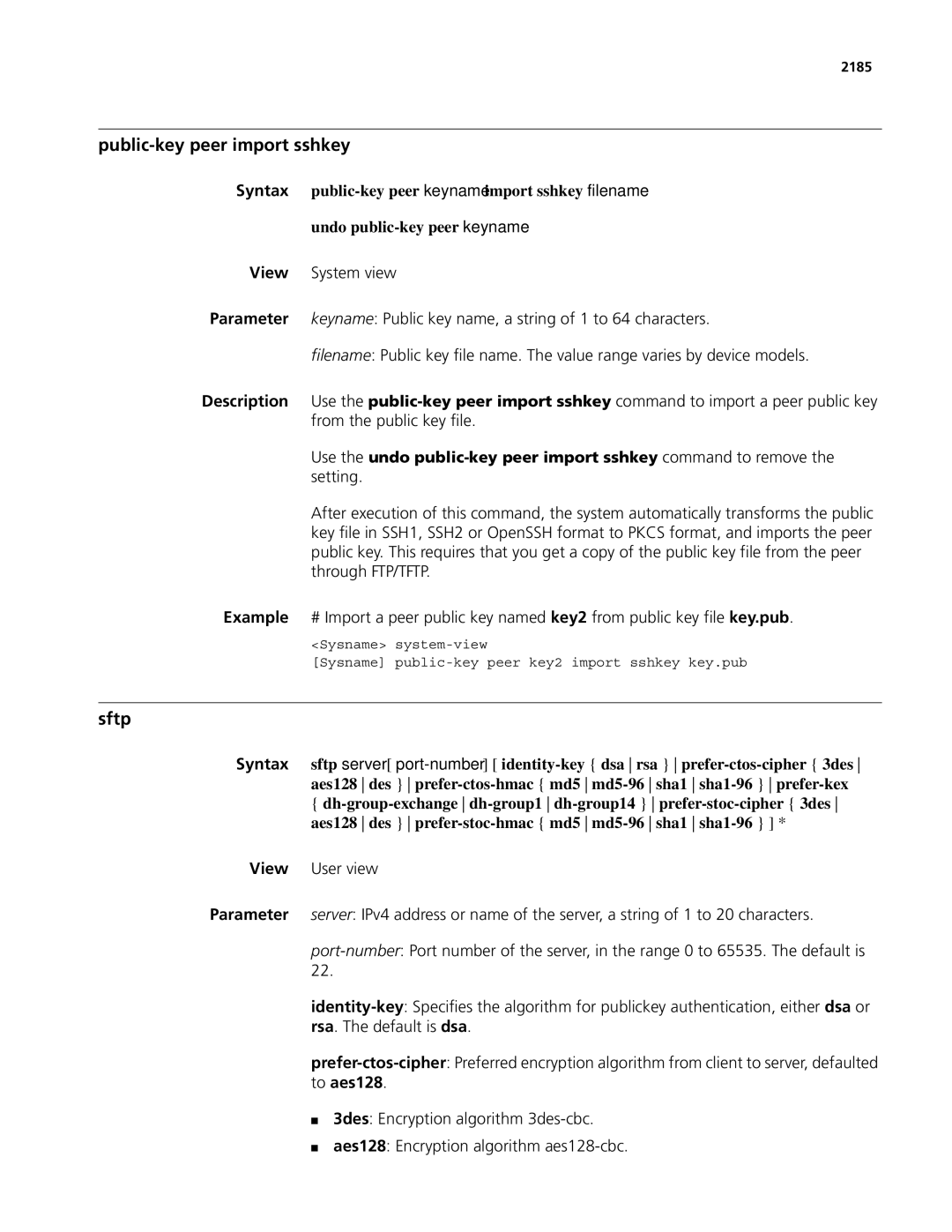 3Com MSR 50, MSR 30 manual Public-key peer import sshkey, Sftp, 2185 
