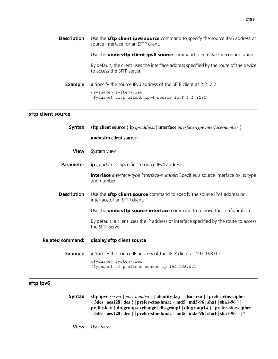 3Com MSR 50, MSR 30 manual Sftp client source, Sftp ipv6, Related command Display sftp client source Example 