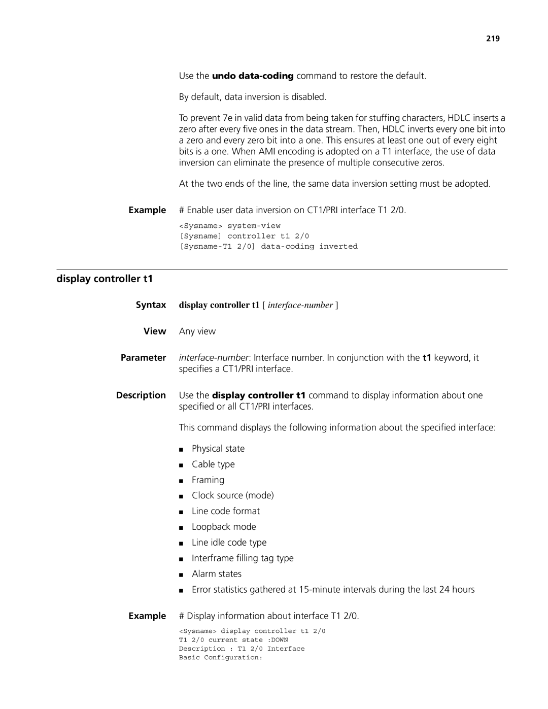 3Com MSR 50, MSR 30 manual Display controller t1, Syntax display controller t1 interface-number, 219 