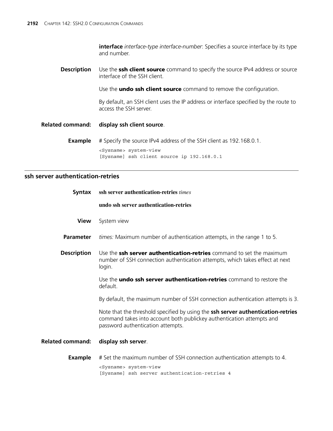 3Com MSR 30, MSR 50 manual Ssh server authentication-retries, Related command display ssh client source 