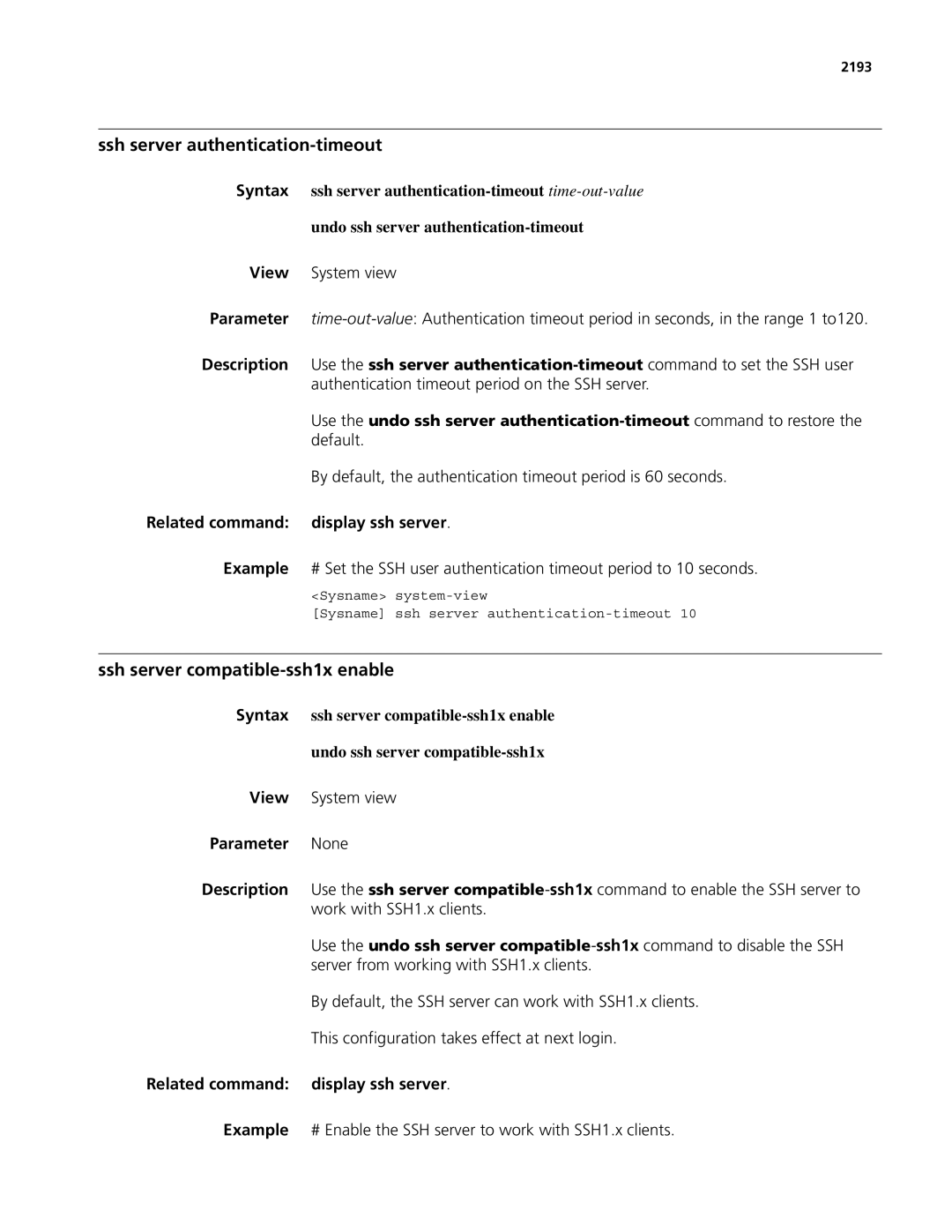 3Com MSR 50, MSR 30 manual Ssh server authentication-timeout, Ssh server compatible-ssh1x enable, 2193 