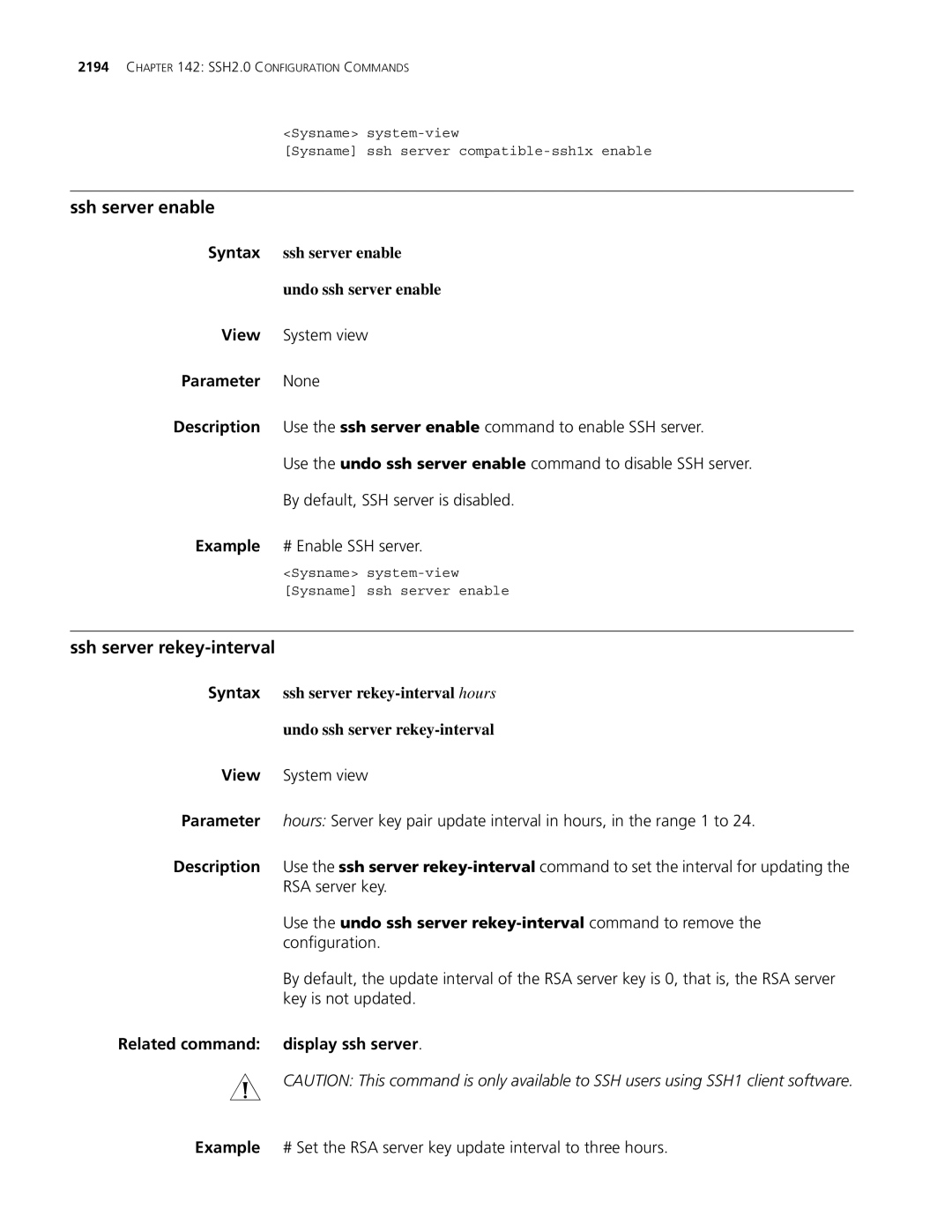 3Com MSR 30, MSR 50 manual Ssh server enable, Ssh server rekey-interval, Syntax ssh server enable Undo ssh server enable 