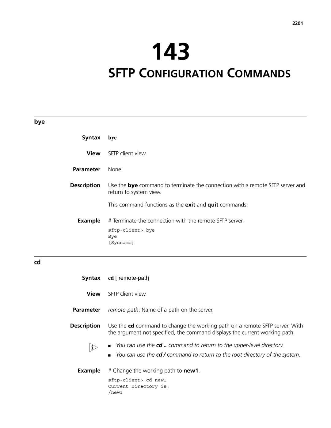 3Com MSR 50, MSR 30 manual 143, Sftp Configuration Commands, Bye, Syntax bye 