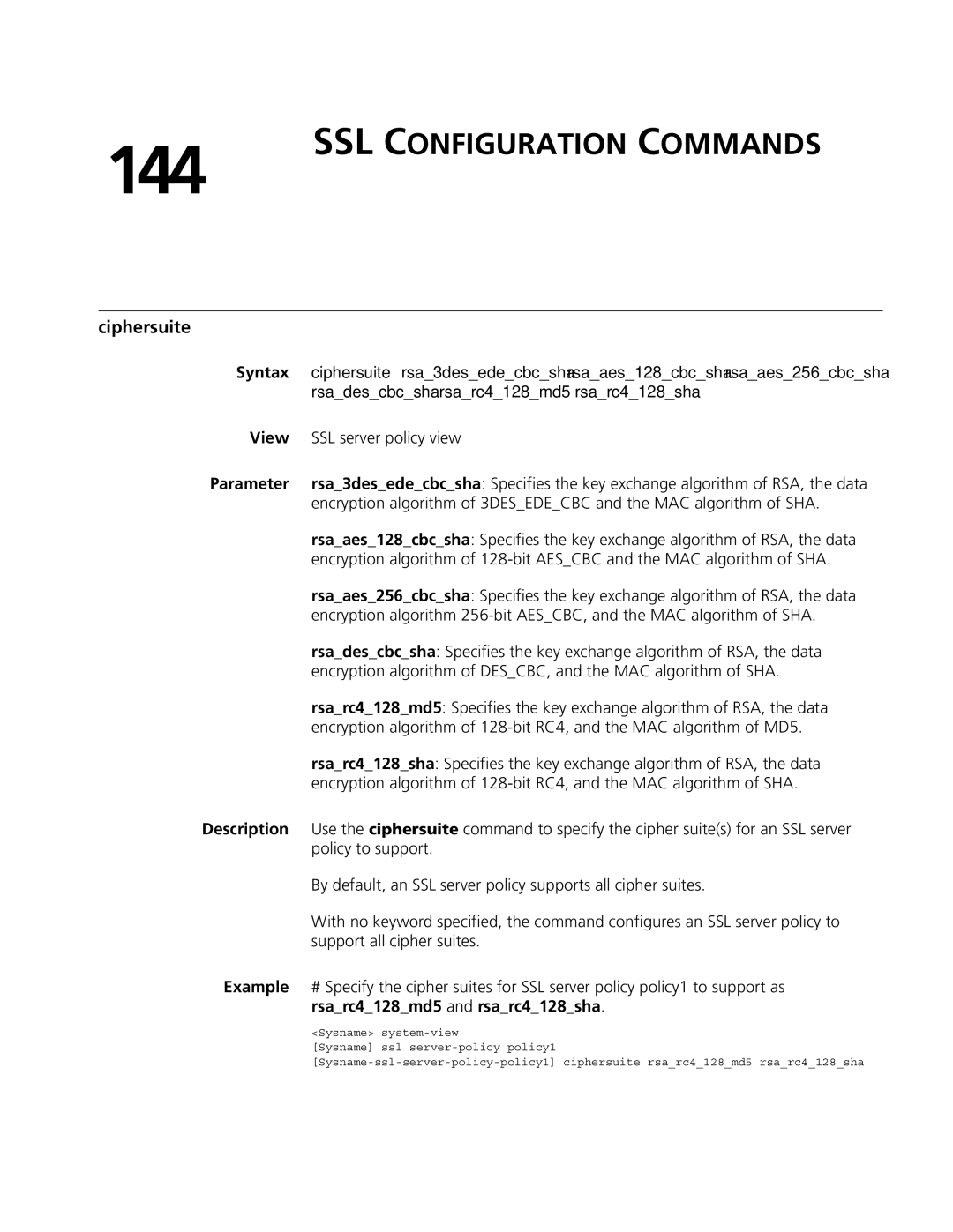 3Com MSR 50, MSR 30 manual 144, SSL Configuration Commands, Ciphersuite, View SSL server policy view 