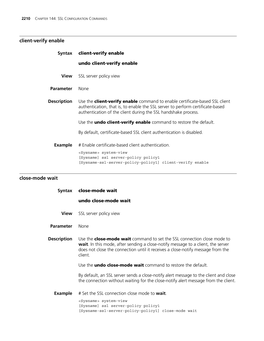 3Com MSR 30, MSR 50 manual Client-verify enable, Close-mode wait, Syntax client-verify enable Undo client-verify enable 