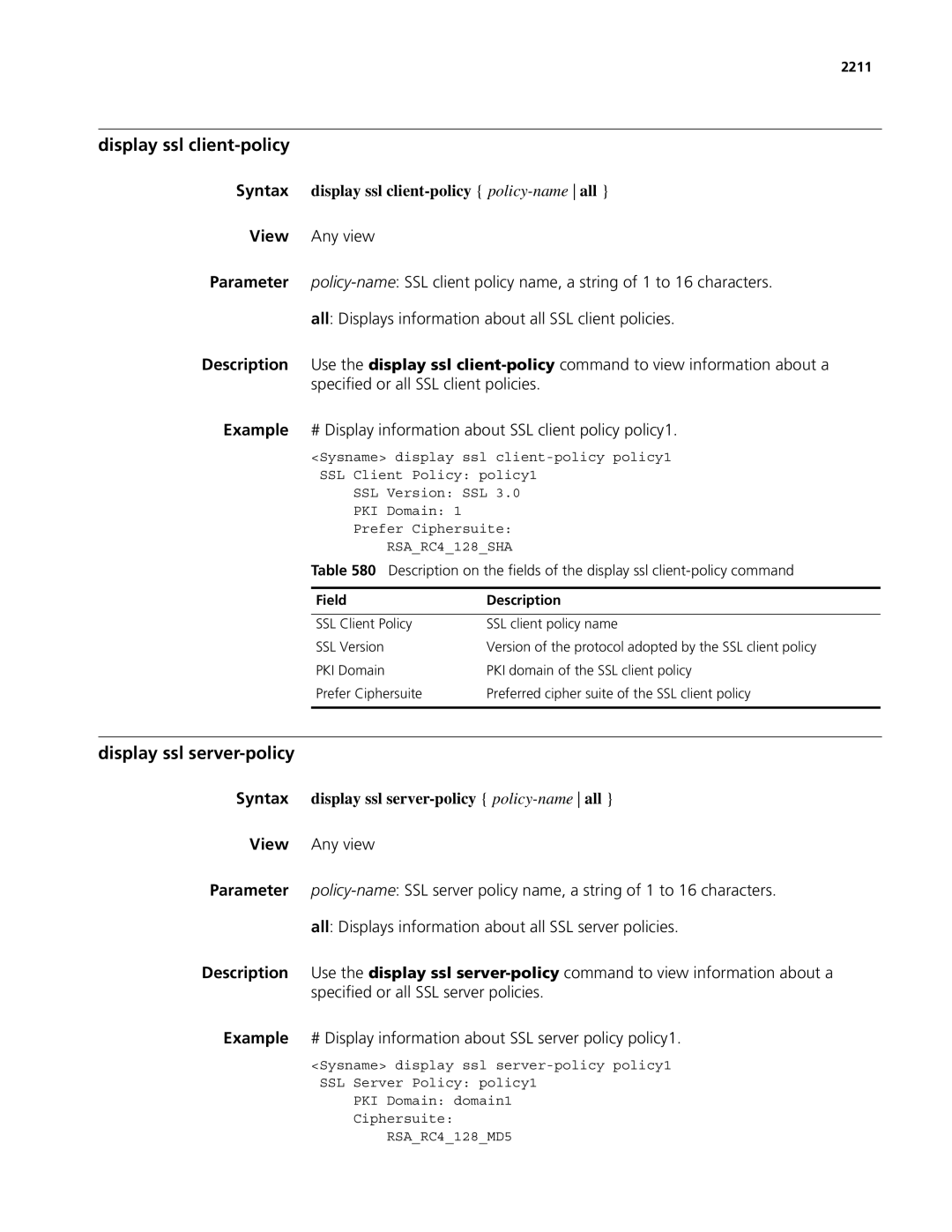 3Com MSR 50 Display ssl client-policy, Display ssl server-policy, Syntax display ssl client-policy policy-nameall, 2211 