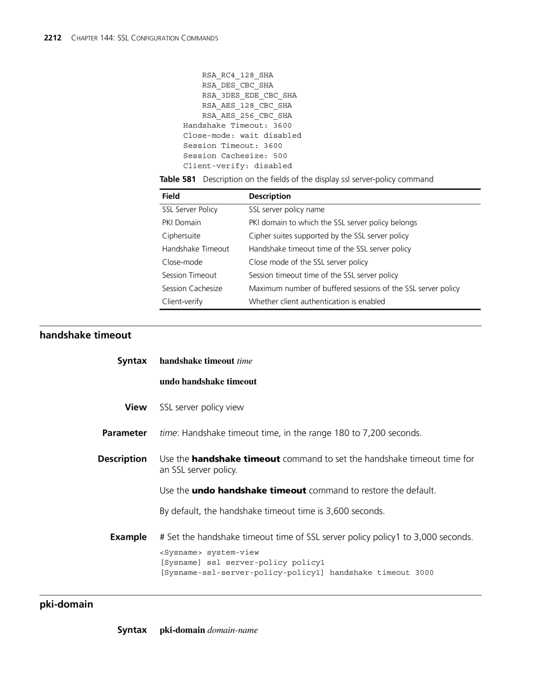 3Com MSR 30, MSR 50 manual Handshake timeout, Pki-domain, Syntax handshake timeout time Undo handshake timeout 