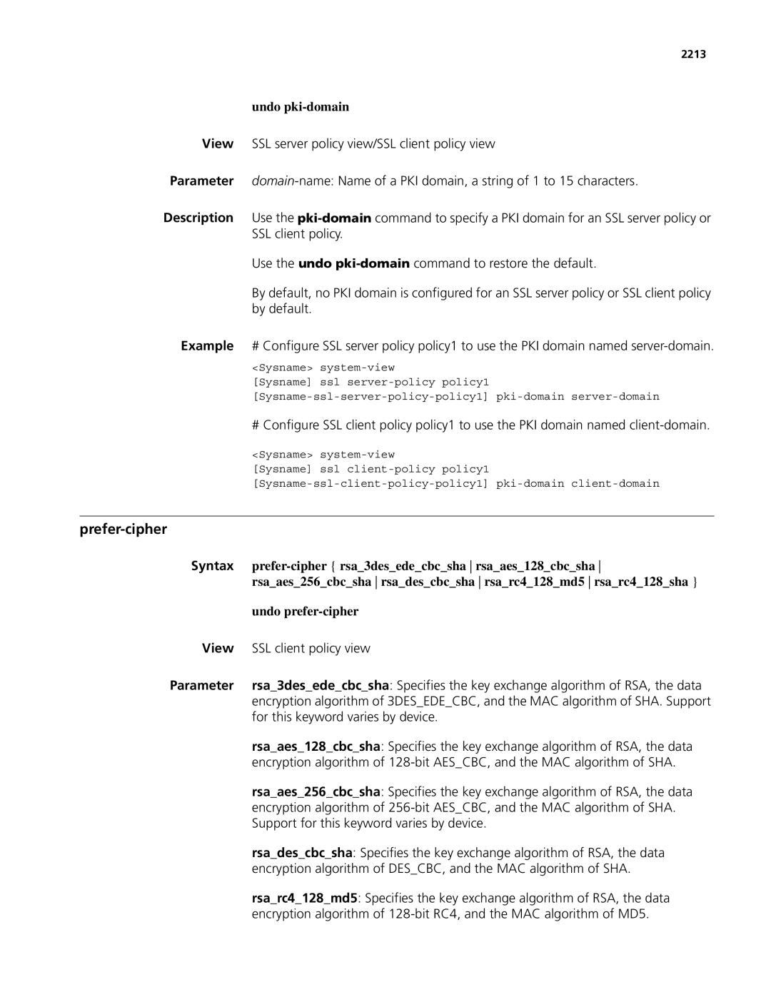 3Com MSR 50, MSR 30 manual Prefer-cipher, Undo pki-domain, Undo prefer-cipher, 2213 