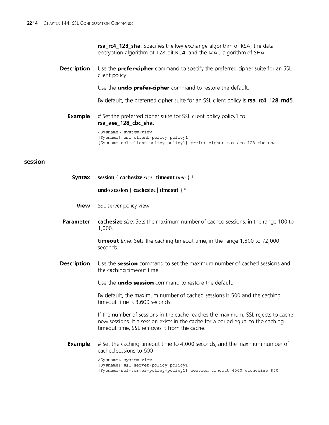 3Com MSR 30, MSR 50 manual Rsaaes128cbcsha, Session cachesize size timeout time, Undo session cachesize timeout 