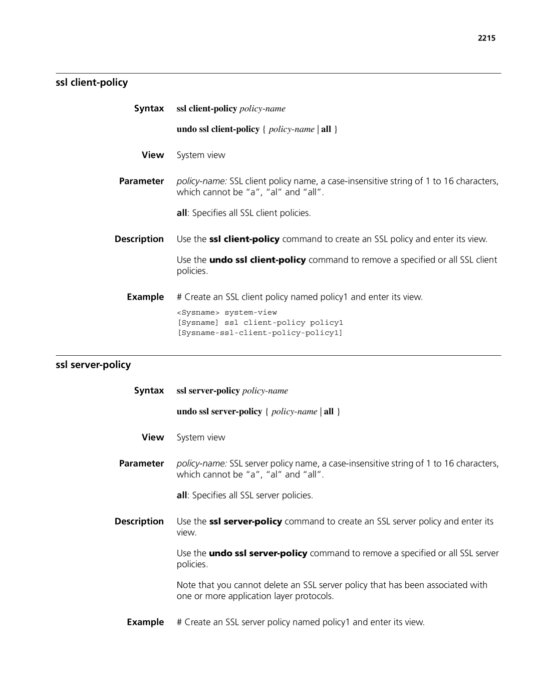 3Com MSR 50, MSR 30 manual Ssl client-policy, Ssl server-policy, 2215 