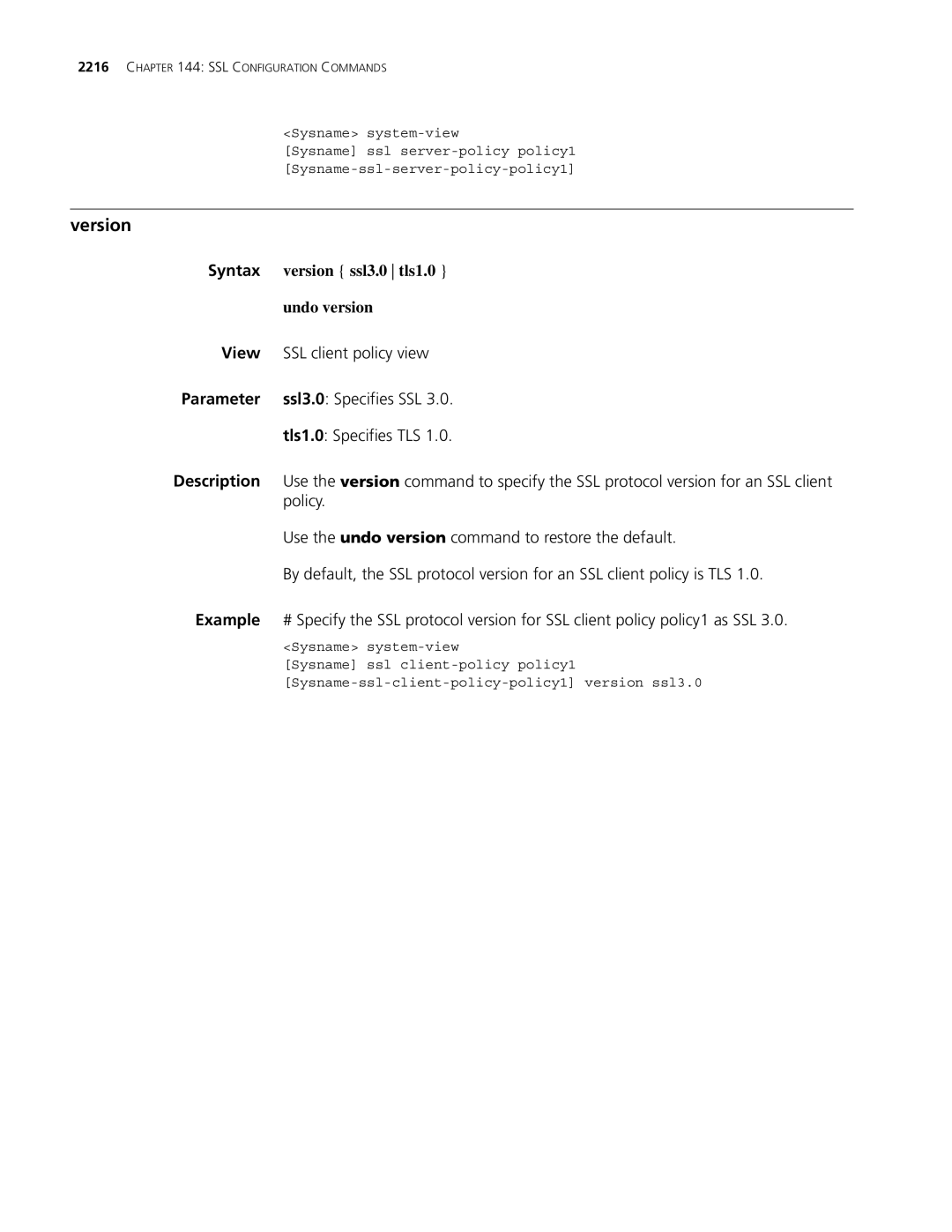 3Com MSR 30, MSR 50 manual Version ssl3.0 tls1.0, SSL client policy view, Ssl3.0 Specifies SSL, Tls1.0 Specifies TLS 