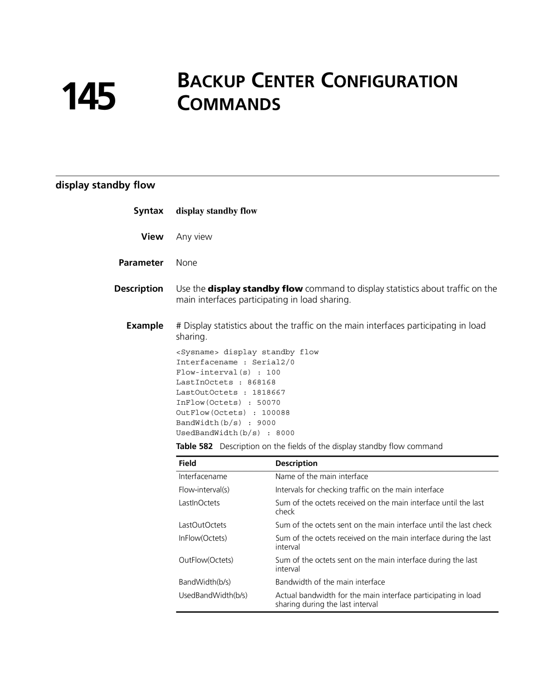 3Com MSR 50, MSR 30 manual Backup Center Configuration Commands, Display standby flow, Syntax display standby flow 