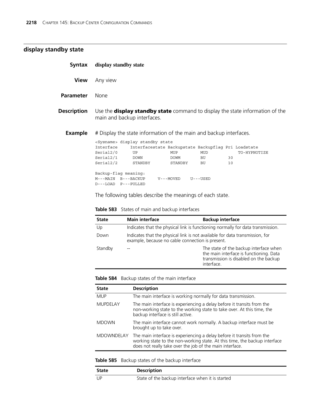 3Com MSR 30 manual Display standby state, Main and backup interfaces, Following tables describe the meanings of each state 