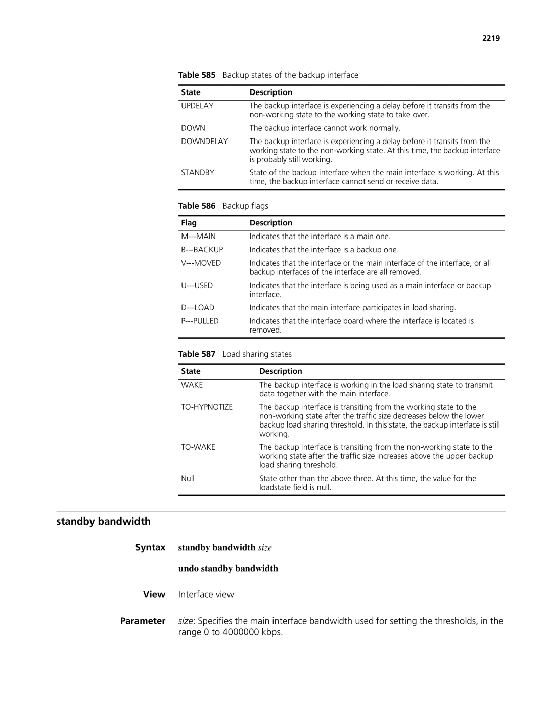 3Com MSR 50 Standby bandwidth, Syntax standby bandwidth size Undo standby bandwidth, Backup states of the backup interface 